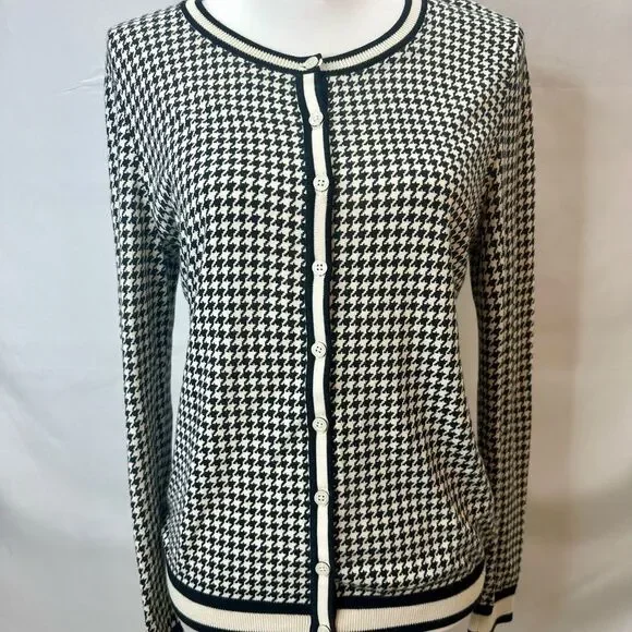 Talbots Cardigan Top Women Medium Black Houndstooth Plaid Cotton Career Casual - Picture 3 of 11